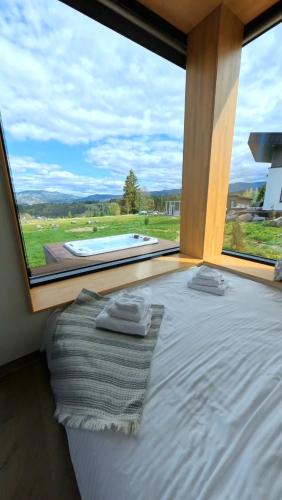 a bed in a room with a large window at La Cuiburi in Sărişor