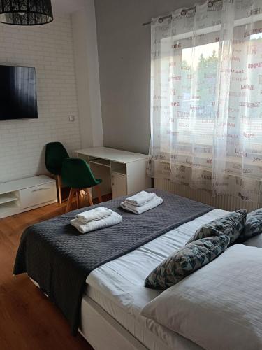 a bedroom with two beds and a table and a television at Morski Klimat in Jastrzębia Góra