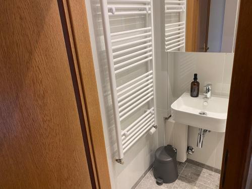 a bathroom with a sink and a white shutter door at Stefans Apartments C - 20 min bis DD Messe und Flughafen inkl Parkplatz in Willich