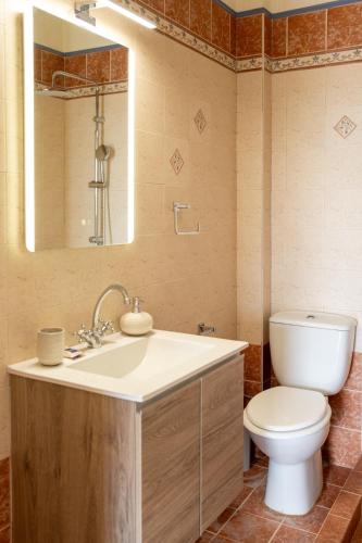 a bathroom with a toilet and a sink and a mirror at Oasis Resort Pure Relaxation Serenity in Agia Marina Mikrolimanou