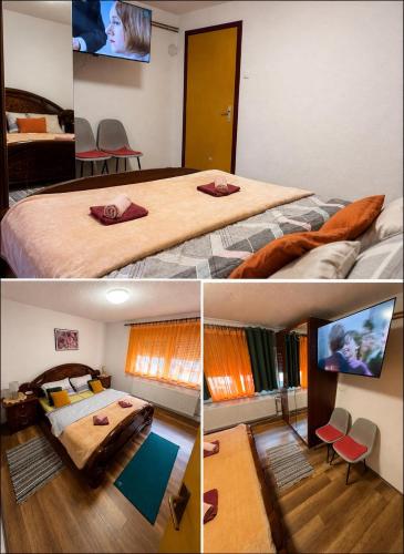 a collage of three pictures of a bedroom at Apartman Josip with Pool in Gospić