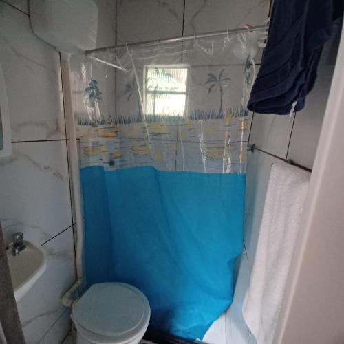 a bathroom with a blue shower curtain and a toilet at Casa Singela in Miguel Pereira