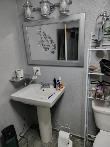 a bathroom with a sink and a mirror and a toilet at El Rinconcito in Santa Ana