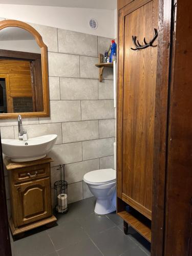 a bathroom with a white toilet and a sink at Pas Šerną in Macionys