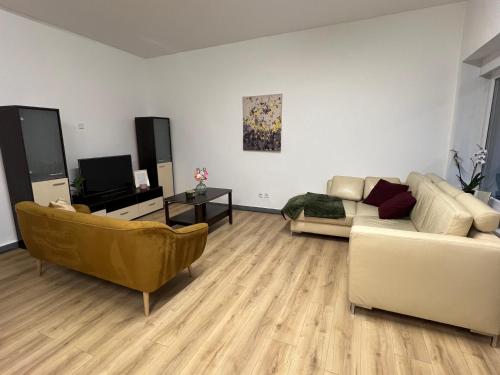 a living room with two couches and a television at Apartament przy Agorze in Bytom