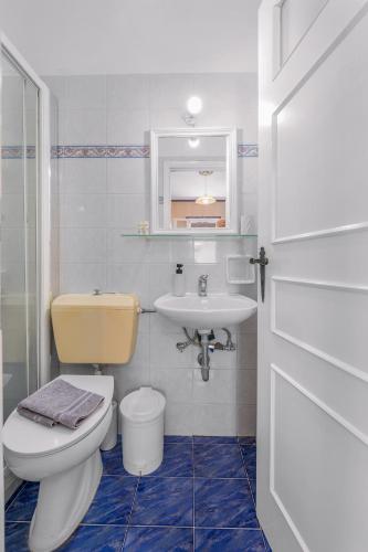 a bathroom with a toilet and a sink at Aiolos Rooms in Tsoukalades