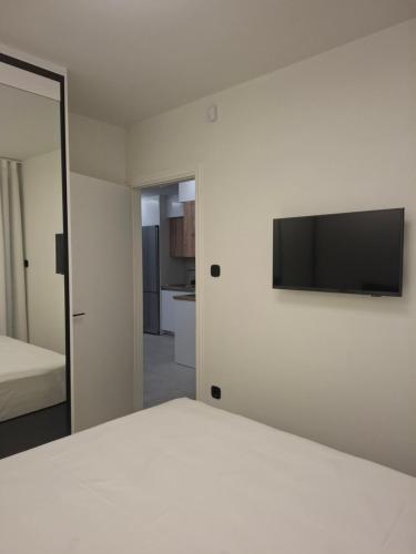 a bedroom with a bed and a tv on a wall at Minimal Nature Escape in Ioannina