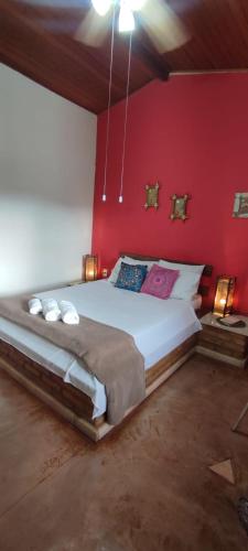 a bedroom with a large bed with a red wall at Hospedagem Vista Real in Casa Branca