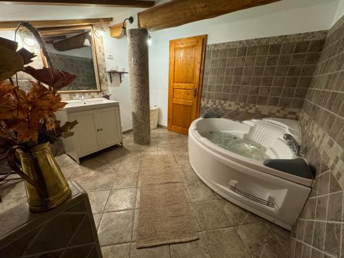 a bathroom with a tub with a sink and a mirror at Apartma na podeželju - Slovenia Nature in Kanal