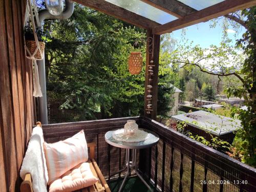 a screened in porch with a table and a chair at Emma's Vintage Ferienhaus mit Kamin in Friedrichsbrunn