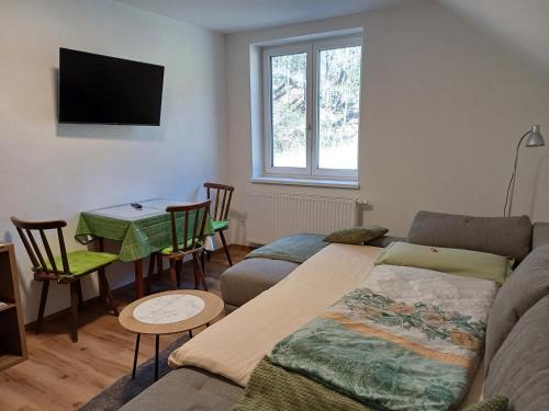 a living room with a couch and a table at Appartements Dorner, Semmering in Steinhaus am Semmering