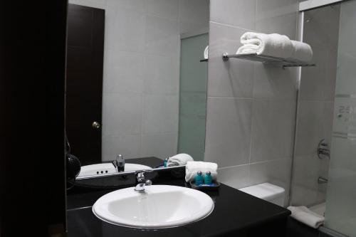 a bathroom with a sink and a mirror at Delfines Apart Hotel in La Paz