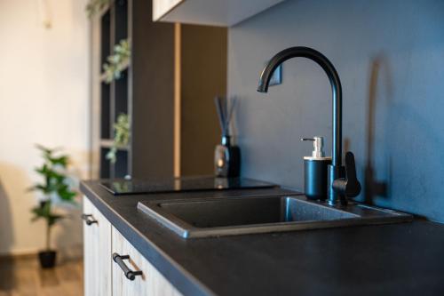 a kitchen sink with a faucet on a counter at Rezevici Horison View Apartment in Reževići