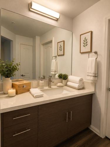 a bathroom with a sink and a large mirror at Ocean Breeze Stay Near Airport LAX & Stadium in Los Angeles