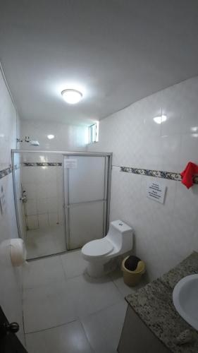 a bathroom with a shower and a toilet and a sink at Cataleya BDT in Bocas Town