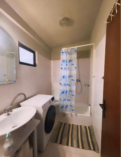 a bathroom with a sink and a toilet and a shower at Vivenda Santos in Albufeira