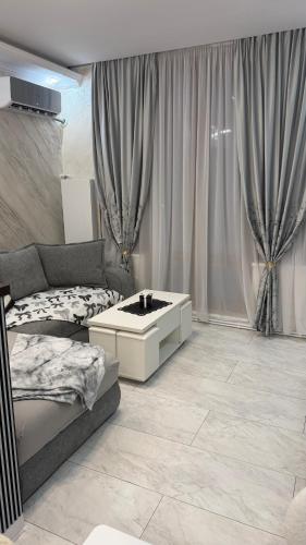 a room with a bed and a couch and a table at Apartment Zona 0 Tulcea in Tulcea
