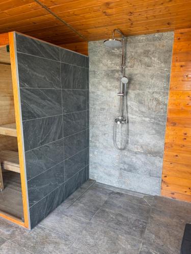 a shower in a room with a stone wall at Villa Verdea Lopatinec in Lopatinec