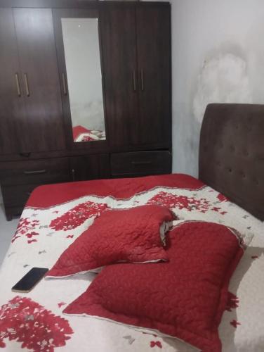 a bedroom with a bed with a red blanket at Casa simples e aconchegante in Campina Grande