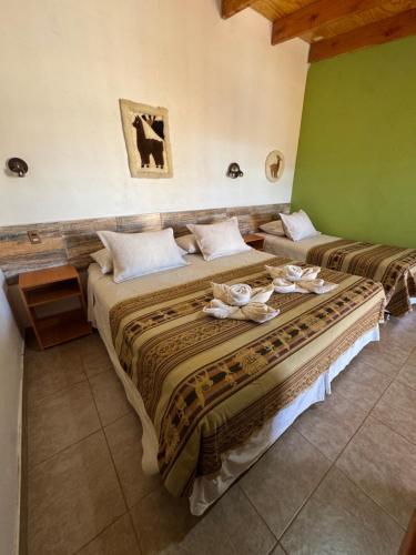 two beds in a room with green walls at Hostal Pablito in San Pedro de Atacama