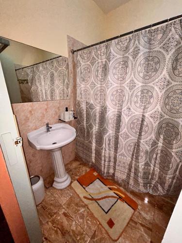 a bathroom with a sink and a shower curtain at Mammee Bay Hideaway in Ocho Rios