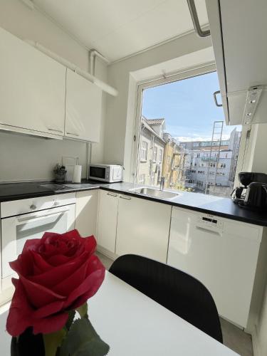 a red rose sitting on a table in a kitchen at Beautiful 2 Bedroom Apartment on Borgergade in Aalborg