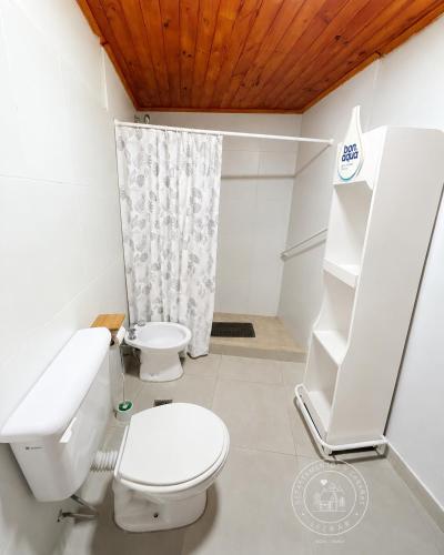a white bathroom with a toilet and a shower at Lizkar Alojamientos in Esquel
