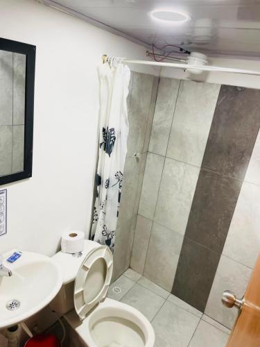 a bathroom with a toilet and a shower at Hotel Colonial El Gran Fénix in Tunja