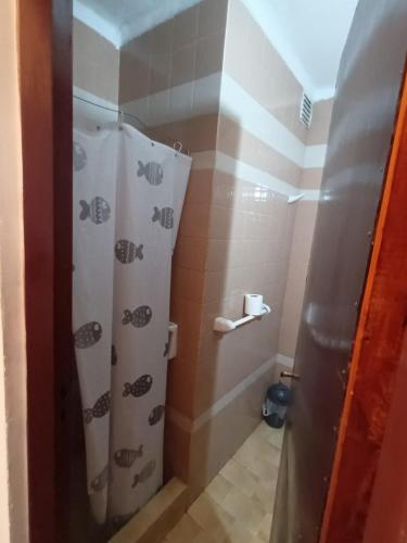 a bathroom with a shower with a shower curtain at Hospedaje Alicia in Barraquero
