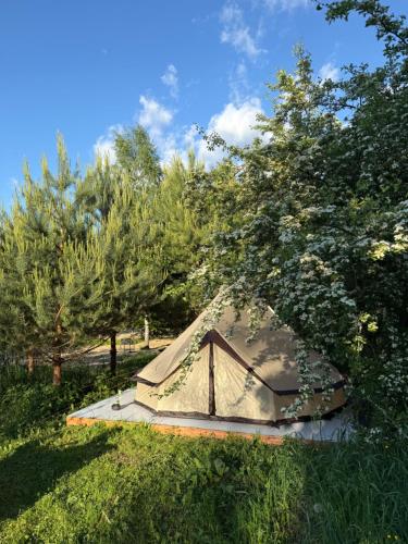 a tent in the middle of a field with trees at Pine Nest Glamping in Vilnius