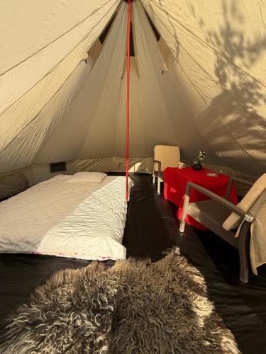a tent with a bed and a table in it at Pine Nest Glamping in Vilnius