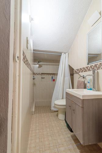 a bathroom with a toilet and a sink and a shower at Cómoda Casa a 7 minutos de la playa in Ciudad Madero