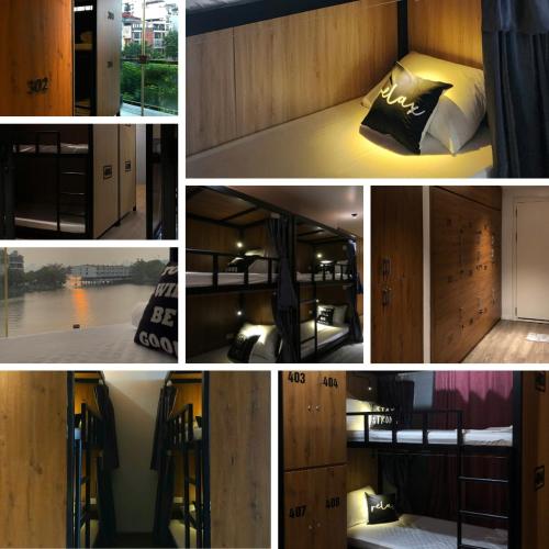 a collage of pictures of a room with a bed and cabinets at Hanoi Dormiam - Wonderful Sightseeing of West Lake in Hanoi