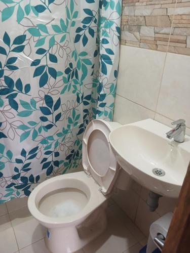 a bathroom with a toilet and a sink and a shower curtain at La Escondida in Jardin