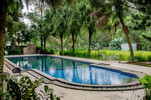 a swimming pool in a yard with trees at Katumbiri Resort and Villa by Tripletree in Bogor