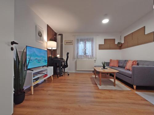 a living room with a couch and a tv and a table at JIRVISTA-Homes, voll ausgestattete Wohnung im EG, kontaktloser Zutritt in Burghausen