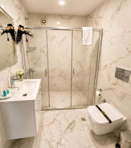 a bathroom with a shower and a toilet and a sink at Burcman Hotel in Bursa