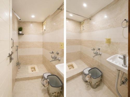 two pictures of a bathroom with a sink and a toilet at Hotel Prime Lodging in Aurangabad