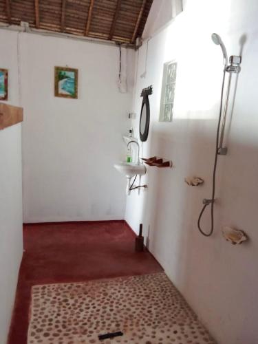 a bathroom with a shower and a red floor at Bungalow Ambanivolo in Sainte Marie