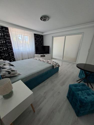 a bedroom with a large bed and a television at Casa Bon Relax , Rooms&Apartaments in Tuzla