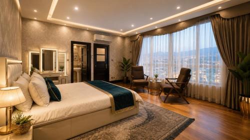 a hotel room with a bed and a large window at Royal Delegation Suite in Kabul