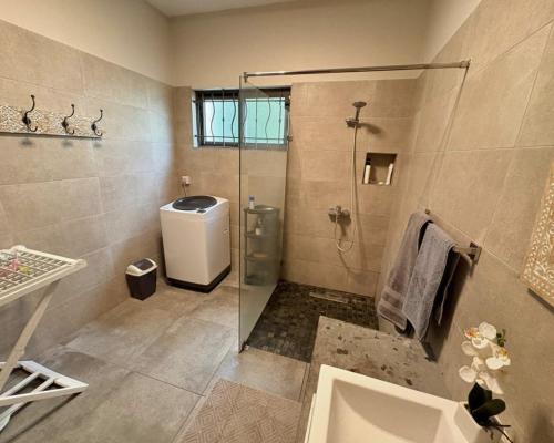 a bathroom with a shower and a sink at Villa Orchidees-Albion in Albion