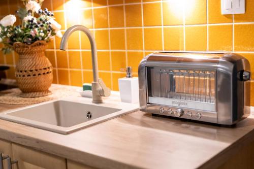 a toaster sitting on a kitchen counter next to a sink at Apartman Karlina 100 m2 Terrace Garden in Šahy