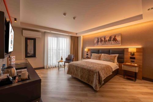 a hotel room with a bed and a television at CITY ASYA HOTEL in Bandırma