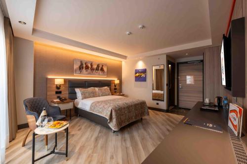 a hotel room with a bed and a desk at CITY ASYA HOTEL in Bandırma