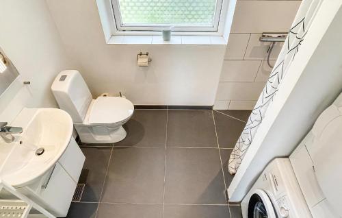 ein Badezimmer mit Toilette und Waschbecken in der Unterkunft Schönes Ferienhaus Auf Bornholm Mit Meerblick in Neksø