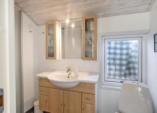 a bathroom with a sink and a window at Exclusive Architect Designed Beach House in Karrebæksminde