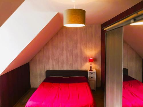 a bedroom with a red bed and a mirror at Grand Gîte Avec 2 Chambres in Saint-Pol-sur-Ternoise