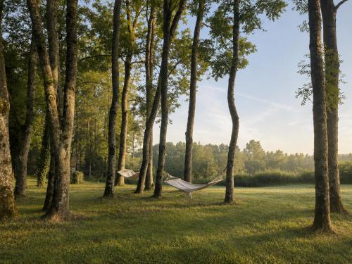 two hammocks hanging from trees in a park at Le Relais du Doubs en Bourgogne in Ciel
