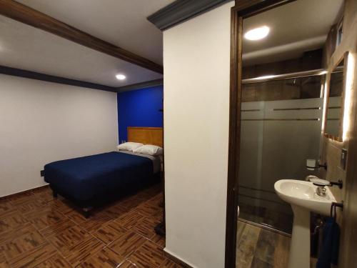 a room with a bed and a sink and a bathroom at Posada Familiar Lupita in Texcoco de Mora
